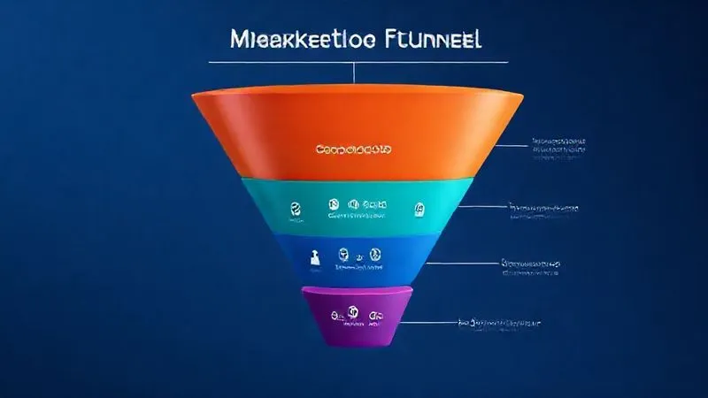 A photorealistic diagram showing a marketing funnel, with distinct layers labeled 'Awareness', 'Consideration', and 'Conversion'. Each layer has small icons representing different Facebook Ad types or content strategies. The funnel should be visually appealing with smooth gradients, cinematic lighting, sharp focus on the layers, depth of field blurring the background. 8K hyper-detailed, professional photography, shot on a high-end DSLR.