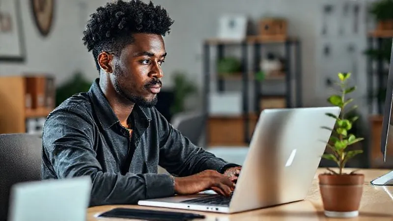 A photorealistic image of a focused freelancer, perhaps a person of color, sitting at a desk with a laptop, looking confidently at a small, growing plant in a pot on the side, symbolizing long-term growth and stability amidst a subtly blurred background of an organized but dynamic workspace. Cinematic lighting, sharp focus on the freelancer and the plant, depth of field, 8K, professional photography, shot on a high-end DSLR.