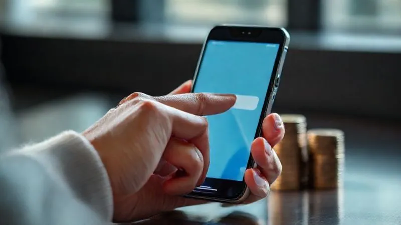 A photorealistic image of a person's hand, possibly a freelancer, pressing a 'transfer' button on a banking app on a smartphone, with a small stack of coins visible in the background, symbolizing automated savings. The lighting is bright and clear, sharp focus on the phone screen and hand, depth of field blurring the background, 8K, professional photography, shot on a high-end DSLR.
