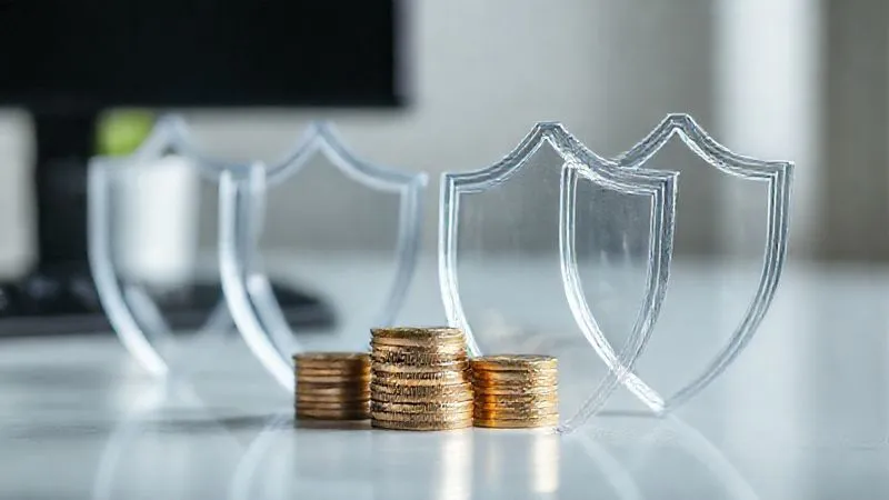 A photorealistic image of a series of transparent, protective shields or bubbles surrounding a small, growing stack of coins, symbolizing financial protection through insurance and savings. The setting is a minimalist, modern desk. Cinematic lighting, sharp focus on the shields and coins, depth of field, 8K, professional photography, shot on a high-end DSLR.