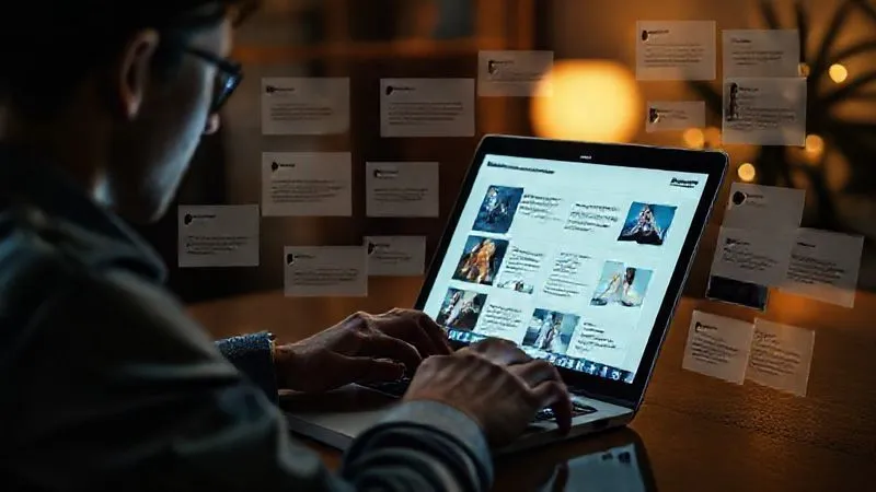 A photorealistic image of a freelancer carefully curating a digital portfolio on a sleek laptop, surrounded by glowing testimonials and case studies, cinematic lighting, sharp focus on the screen, depth of field, 8K hyper-detailed.