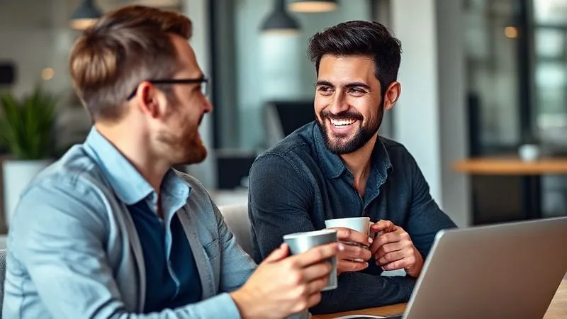 A photorealistic image of a freelancer having a warm, professional conversation with a happy client, both smiling, perhaps over a cup of coffee in a modern office, symbolizing strong client relationships and retention, cinematic lighting, sharp focus on their faces, depth of field, 8K hyper-detailed.