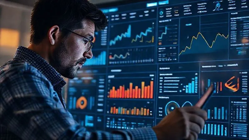 A photorealistic image of a freelancer analyzing a detailed digital dashboard with various KPIs and charts, showing growth trends and areas for improvement, cinematic lighting, sharp focus on the data, depth of field, 8K hyper-detailed.