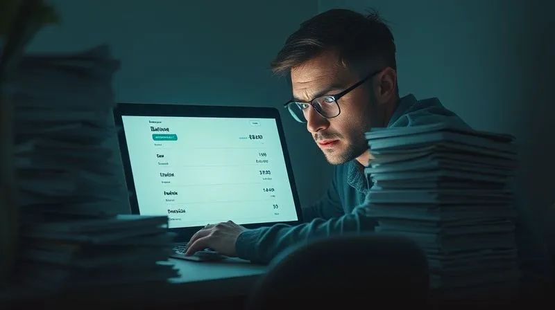 A photorealistic image of a frustrated freelancer looking at an empty bank account balance on a laptop screen, surrounded by stacks of unpaid invoices. The atmosphere is dim, symbolizing financial uncertainty. Cinematic lighting, sharp focus on the screen, depth of field blurring the background, 8K hyper-detailed, shot on a high-end DSLR.
