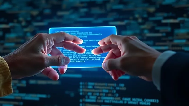 A photorealistic image of a digital contract glowing with lines of code, superimposed on a blockchain ledger. Two hands, one representing a freelancer and the other a client, are touching a holographic interface, finalizing an agreement. Cinematic lighting, sharp focus on the contract, depth of field blurring the background, 8K hyper-detailed, shot on a high-end DSLR.