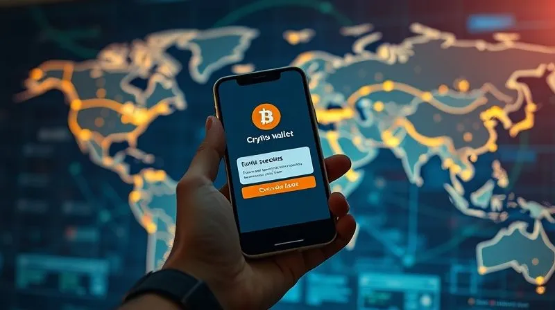 A photorealistic image of a freelancer's hand holding a smartphone displaying a crypto wallet app with a successful transaction notification. In the background, a digital world map with glowing lines connecting different points, symbolizing international payments. Cinematic lighting, sharp focus on the phone, depth of field blurring the background, 8K hyper-detailed, shot on a high-end DSLR.