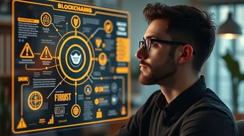 A photorealistic image of a freelancer looking thoughtfully at a complex infographic about blockchain and cryptocurrency, with a mix of opportunities and challenges represented by glowing lines and warning symbols. The freelancer is in a well-lit, modern study. Cinematic lighting, sharp focus on the infographic, depth of field blurring the background, 8K hyper-detailed, shot on a high-end DSLR.