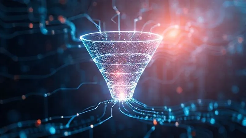 A photorealistic, professional photography of a complex yet elegant digital sales funnel depicted as a series of interconnected glowing pathways leading to a final bright conversion point. Data streams flow smoothly through each stage (awareness, consideration, conversion). Cinematic lighting, sharp focus on the funnel structure, depth of field blurring the background, 8K hyper-detailed, shot on a high-end DSLR.