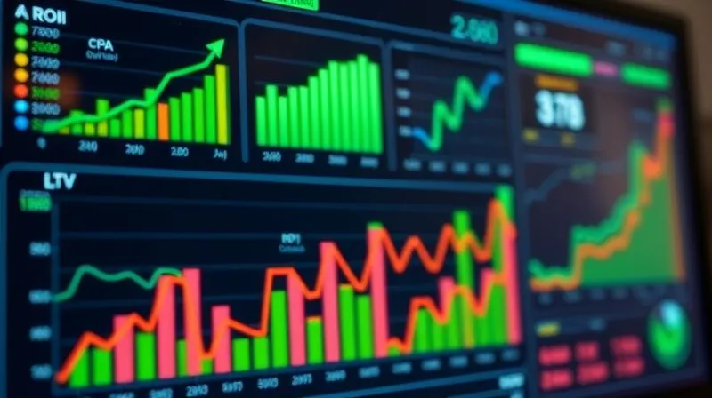 A photorealistic 8K image of a clear, modern digital dashboard displaying vibrant bar charts and line graphs. Key metrics like ROI, CPA, and LTV are prominently featured with green upward arrows, indicating positive growth. The interface is sleek, with subtle holographic elements, under cinematic lighting. Sharp focus on the data, depth of field blurring the edges of the screen, shot on a high-end DSLR.