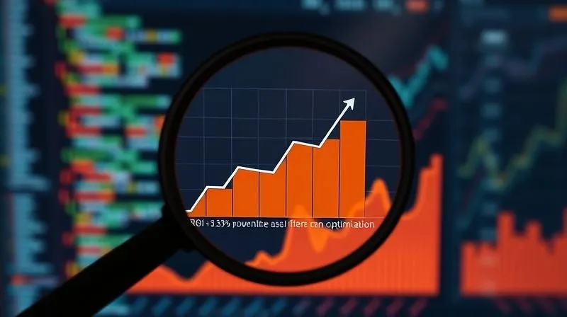 A photorealistic 8K image of a magnifying glass hovering over a detailed digital graph, highlighting a specific data point that shows a sudden increase in ROI after an optimization. The background features blurred lines of code and other analytics screens, all under cinematic lighting. Sharp focus on the magnified area, depth of field blurring the rest, shot on a high-end DSLR.