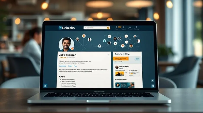 A photorealistic image of a professional, modern LinkedIn profile page on a laptop screen, with a diverse freelancer's optimized headshot and a compelling 'About' section, surrounded by networking connections and engaging content. The screen is in sharp focus, with a blurred background of a collaborative workspace, cinematic lighting, 8K hyper-detailed.