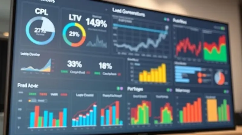 A photorealistic image of a data analysis dashboard on a large monitor, displaying various charts and graphs related to lead generation metrics (CPL, conversion rates, LTV). The dashboard is clean, professional, and visually engaging, with cinematic lighting, sharp focus on the data, depth of field, 8K hyper-detailed.