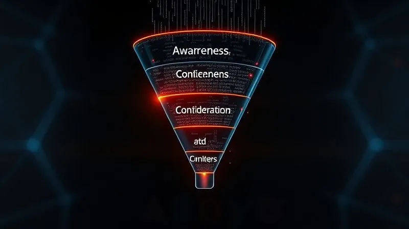 A photorealistic visualization of a digital marketing sales funnel, clearly divided into three stages: 'Awareness' at the top, 'Consideration' in the middle, and 'Conversion' at the bottom. The funnel is glowing with data streams flowing downwards, set against a dark, tech-inspired background with subtle geometric patterns. Cinematic lighting, sharp focus on the funnel structure, depth of field blurring the background, 8K hyper-detailed, professional photography, shot on a high-end DSLR.