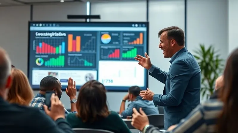 A photorealistic image of a dynamic online webinar in progress, with a professional presenter enthusiastically explaining a concept on a large screen. The screen displays engaging graphics and data. In the foreground, diverse attendees are visible in small video boxes, some nodding, others typing questions in a chat window. Cinematic lighting, sharp focus on the presenter and screen, depth of field blurring the background, 8K hyper-detailed, professional photography, shot on a high-end DSLR.