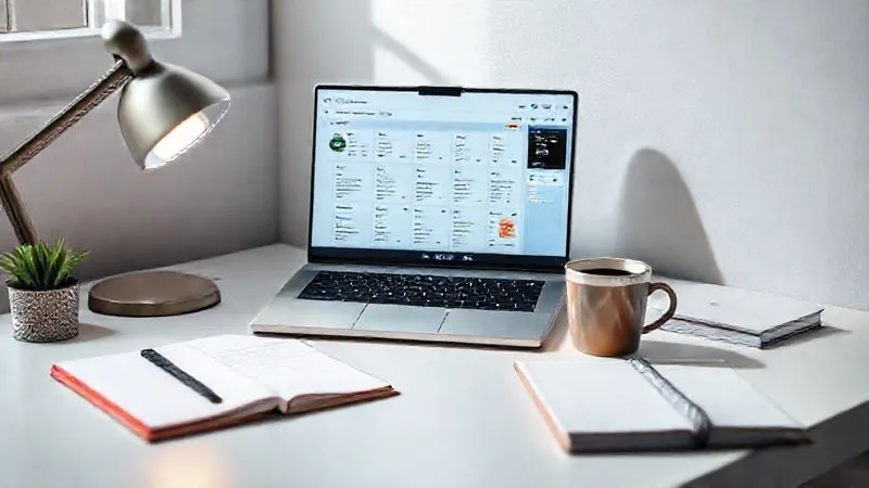 A photorealistic image of a minimalist desk setup with a laptop displaying a Notion dashboard organized with course schedules and progress trackers, a physical planner, and a cup of coffee. The lighting is bright and inviting, conveying a sense of calm productivity. 8K, cinematic lighting, sharp focus, depth of field, shot on a high-end DSLR.