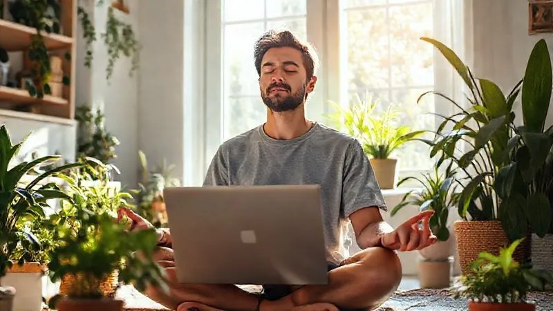 A photorealistic image of a freelancer meditating calmly in a sunlit home office, surrounded by plants. Their laptop is closed, signifying a break from work and study. The atmosphere is peaceful and serene, emphasizing mental well-being. 8K, cinematic lighting, sharp focus, depth of field, shot on a high-end DSLR.