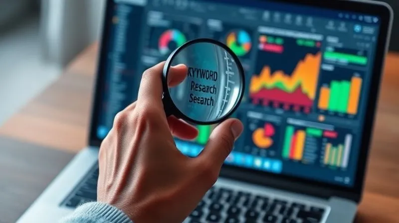 A photorealistic image of a person's hands holding a magnifying glass over a laptop screen displaying a complex keyword research interface with various data points and colorful graphs. Cinematic lighting, sharp focus on the screen and hands, depth of field blurring the background, 8K hyper-detailed.