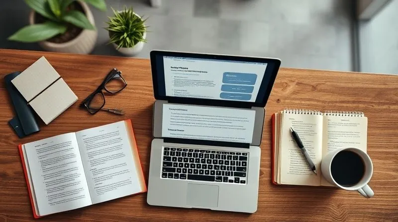 A photorealistic, top-down view of a neatly organized desk with a laptop displaying a blog post draft, open notebooks with handwritten notes, and a cup of coffee. The blog post on the screen shows clear headings, bullet points, and an image placeholder, emphasizing good content structure. Cinematic lighting, sharp focus on the desk items, depth of field blurring a modern office background, 8K hyper-detailed.