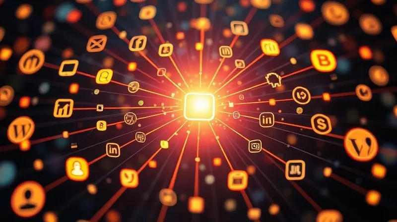 A photorealistic image of a complex network of glowing lines connecting various digital icons and website logos, symbolizing backlinks and online authority. In the center, a strong, vibrant light source represents a high-authority website. Cinematic lighting, sharp focus on the central light and connecting lines, depth of field blurring the background, 8K hyper-detailed.