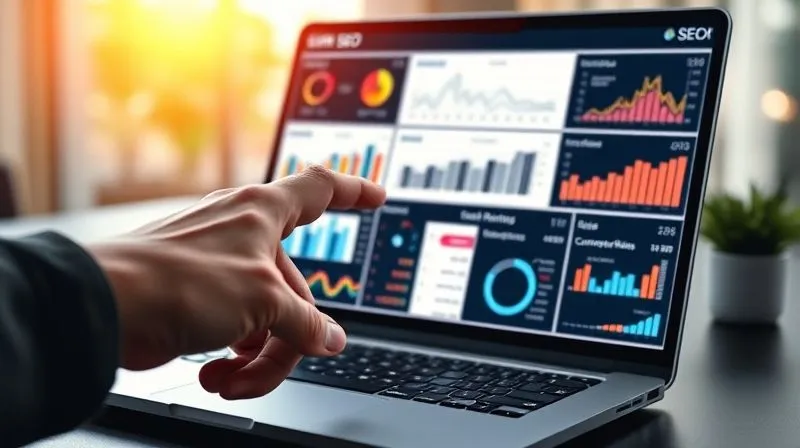 A photorealistic image of a freelancer's hand pointing at a laptop screen displaying a complex dashboard with various SEO metrics: traffic growth, keyword rankings, conversion rates, and user behavior graphs. The screen is vibrant and detailed, with cinematic lighting, sharp focus on the hand and screen, depth of field blurring the background, 8K hyper-detailed.