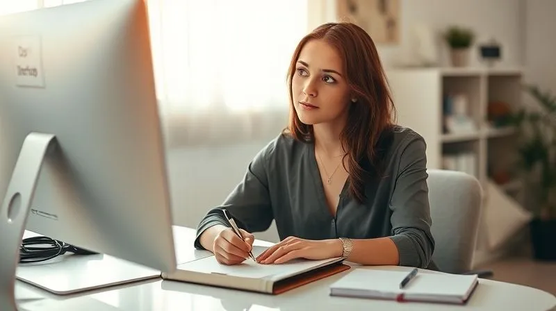 A photorealistic image of a freelancer, a woman with thoughtful expression, sitting at a clean desk with a journal and a pen, bathed in soft morning light. A "Do Not Disturb" sign is subtly visible on her monitor. The scene evokes introspection and focused planning. 8K, cinematic lighting, sharp focus on the woman, depth of field blurring the background, shot on a high-end DSLR.