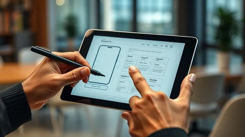 A photorealistic image of two diverse hands, one holding a stylus on a tablet displaying a wireframe of a new app, the other pointing to a specific element. The background is a blurred, modern coworking space, suggesting collaboration and rapid prototyping. 8K, cinematic lighting, sharp focus on the hands and tablet, depth of field blurring the background, shot on a high-end DSLR.