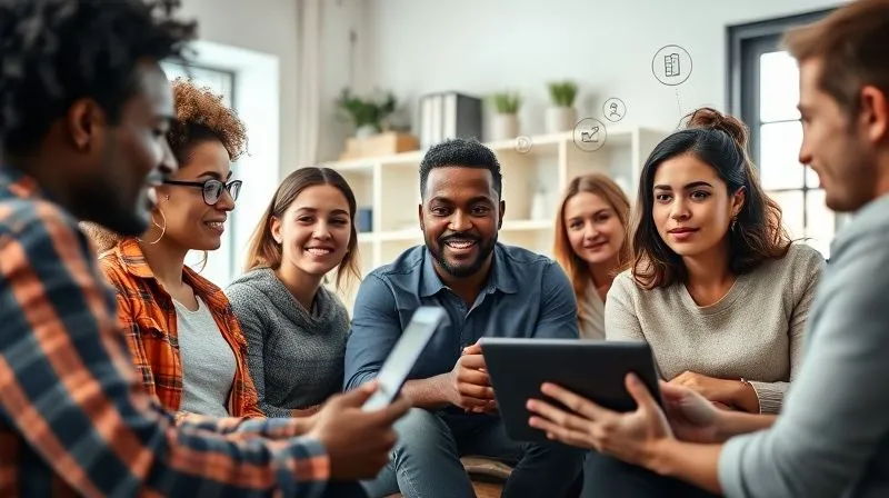 A photorealistic image of a diverse group of freelancers, casually dressed, engaged in a virtual video call on various devices (laptop, tablet). Their faces show engagement and thoughtful discussion, with subtle graphical elements suggesting ideas flowing between them. The background is a blend of modern home offices. 8K, cinematic lighting, sharp focus on the faces and screens, depth of field blurring the background, shot on a high-end DSLR.