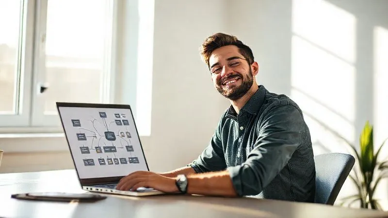 A photorealistic image of a freelancer looking relieved and smiling, sitting at a clean, organized desk with a laptop displaying a flow diagram of interconnected applications. Sunlight streams through a window, highlighting the sense of peace and efficiency. Cinematic lighting, sharp focus on the freelancer's face, depth of field blurring the background. 8K hyper-detailed, shot on a high-end DSLR.