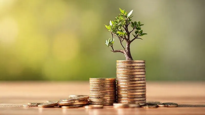 A photorealistic image of a stack of coins growing into a small tree, symbolizing financial growth and a robust emergency fund. The background shows a calm, stable environment, with cinematic lighting and sharp focus on the coins and tree, depth of field, 8K hyper-detailed, professional photography, shot on a high-end DSLR.