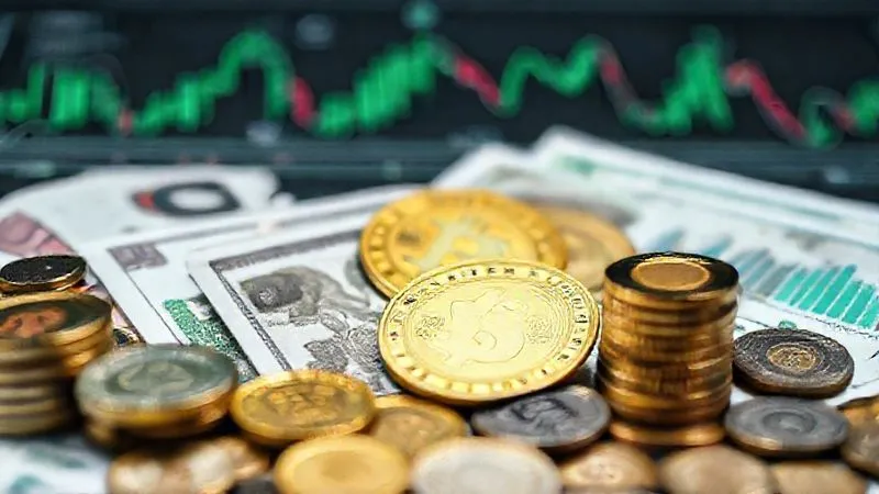A photorealistic image of various financial instruments like coins, paper money, and digital interfaces arranged neatly, symbolizing diversified short-term investments. Cinematic lighting, sharp focus, depth of field, 8K hyper-detailed, professional photography, shot on a high-end DSLR.