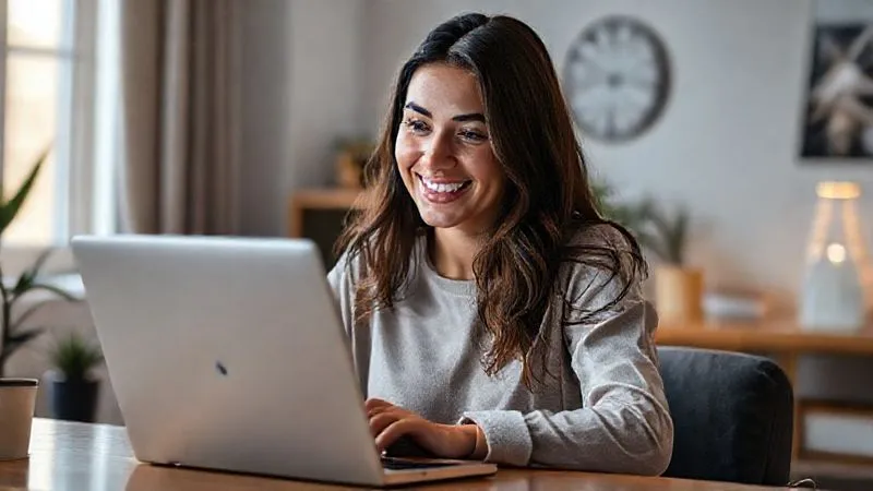A photorealistic image of a young female freelancer, Ana, smiling confidently while looking at a laptop displaying a growing financial graph. She is in a modern, well-lit home office, with symbols of financial stability and growth in the background, cinematic lighting, sharp focus, depth of field, 8K hyper-detailed, professional photography, shot on a high-end DSLR.