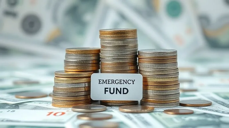 A photorealistic image of a strong, stable financial foundation made of coins and banknotes, with a small emergency fund label, cinematic lighting, sharp focus, 8K, professional photography, shot on a high-end DSLR.