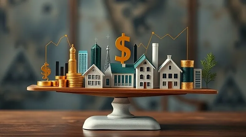 A photorealistic image of a diverse investment portfolio represented by various financial symbols (stocks, bonds, real estate, gold) balanced on a scale, cinematic lighting, sharp focus, 8K, professional photography, shot on a high-end DSLR.