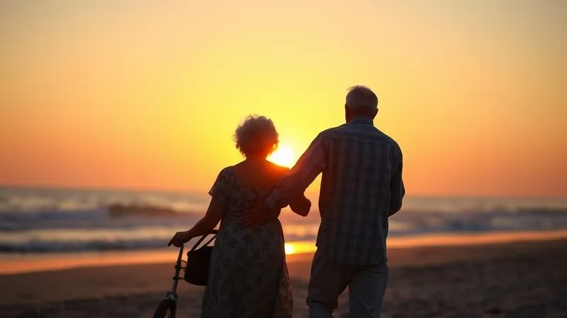 A photorealistic image of a serene elderly couple enjoying their retirement on a beach, silhouetted against a sunset, symbolizing financial freedom and long-term stability, cinematic lighting, sharp focus, 8K, professional photography, shot on a high-end DSLR.