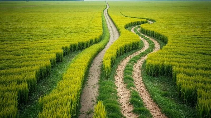 A photorealistic image of two distinct paths diverging in a lush green field. One path is smooth and paved, labeled 'Renda Fixa', representing stability. The other is a winding, adventurous dirt trail, labeled 'Renda Variável', representing growth and risk. Cinematic lighting, 8K, sharp focus on the paths, depth of field blurring the distant horizon. Shot on a high-end DSLR.