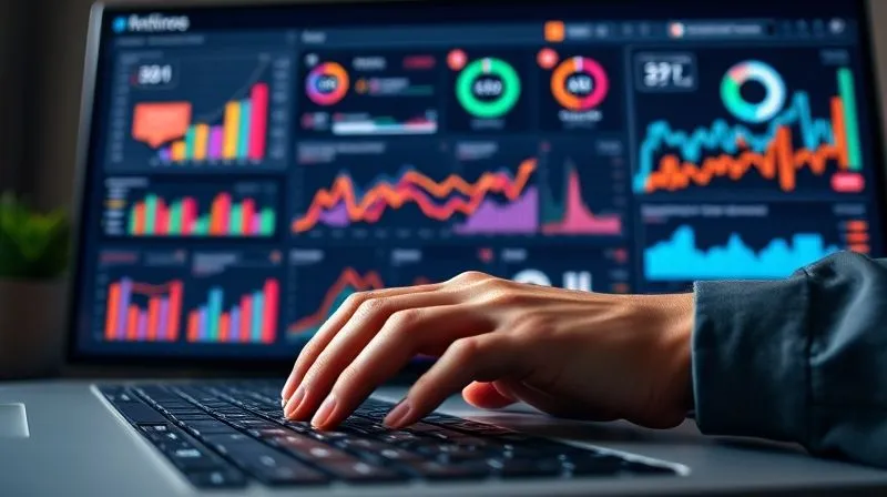 A photorealistic image of a sleek, modern data dashboard on a large monitor, displaying various charts and graphs related to marketing campaign performance. Key metrics like ROI, engagement, and conversion rates are prominently featured with vibrant colors. A freelancer's hands are gently resting on a keyboard in the foreground, cinematic lighting, sharp focus on the dashboard, depth of field blurring the hands, 8K hyper-detailed.