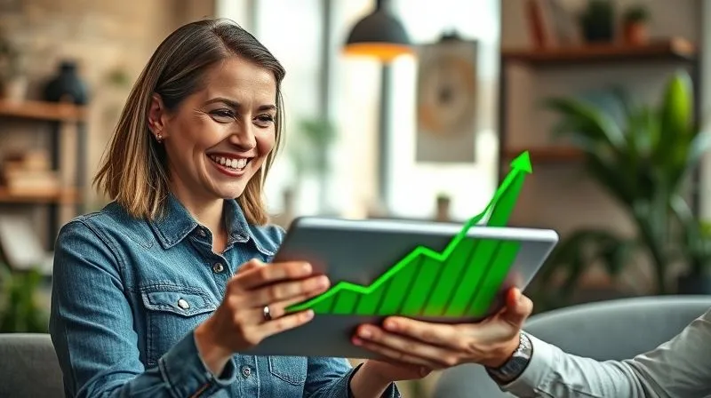 A photorealistic, professional photography of a satisfied small business owner, a woman in her late 30s, smiling brightly while looking at a tablet held by a freelance marketing specialist. The tablet displays a vibrant green growth chart with an upward trend. They are in a cozy, well-lit office, cinematic lighting, sharp focus on their faces and the tablet, depth of field blurring the background, 8K hyper-detailed.
