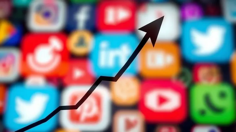 A photorealistic image of a rising arrow graph superimposed over a blurry but vibrant background of social media icons. The arrow is pointing upwards, indicating growth and optimization. Cinematic lighting, sharp focus on the arrow, depth of field blurring the background, 8K hyper-detailed.