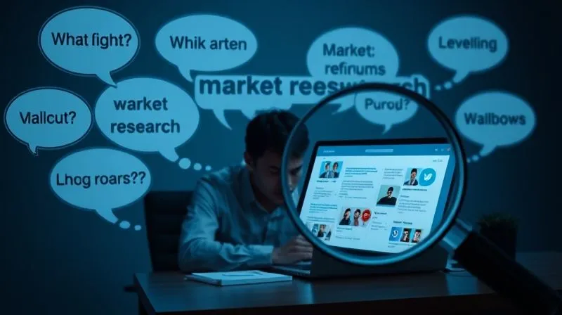 A photorealistic image of a person sitting at a desk, surrounded by thought bubbles containing questions and keywords related to market research, with a magnifying glass over a laptop screen showing online forums and social media groups. Cinematic lighting, sharp focus, depth of field, 8K hyper-detailed, professional photography, shot on a high-end DSLR.