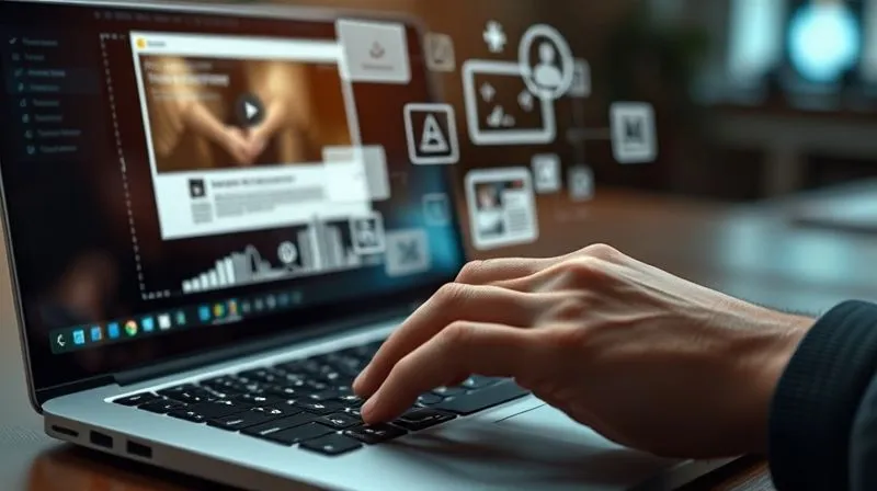 A photorealistic image of a freelancer's hand typing on a keyboard, with various content formats (blog post, video icon, social media post) appearing like holographic projections above the laptop screen. Cinematic lighting, sharp focus on the hand and projections, depth of field, 8K hyper-detailed, professional photography, shot on a high-end DSLR.