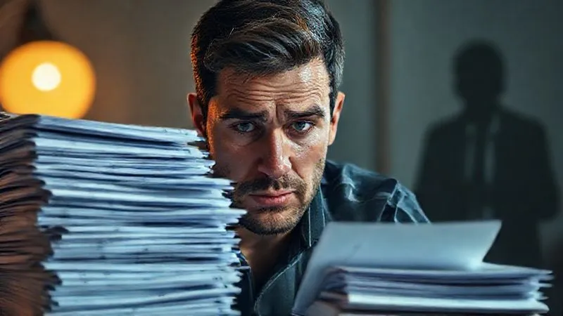 A photorealistic image of a freelancer looking stressed and overwhelmed by a stack of invoices and price comparisons, with a shadowy figure of a competitor offering a cheaper price in the background. Cinematic lighting, sharp focus on the freelancer's face, depth of field. 8K hyper-detailed.