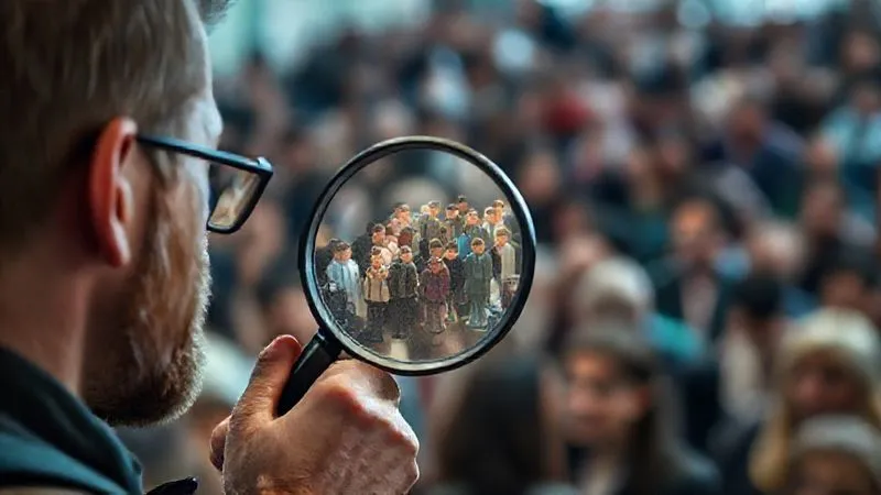 A photorealistic image of a freelancer with a magnifying glass, intently examining a diverse crowd of people, but with a clear, bright spotlight on a specific, well-defined group, symbolizing niche identification. The background is blurred, focusing on the selected group. Professional photography, 8K, cinematic lighting.