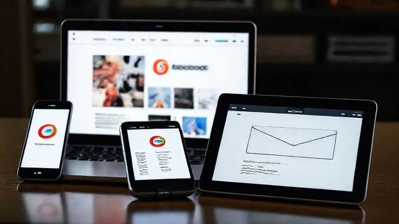 A photorealistic image of various digital communication channels (laptop screen with website, smartphone with social media, open email on tablet) all displaying consistent branding elements (logo, colors, typography). The overall impression is one of seamless, professional communication. 8K, cinematic lighting, sharp focus.