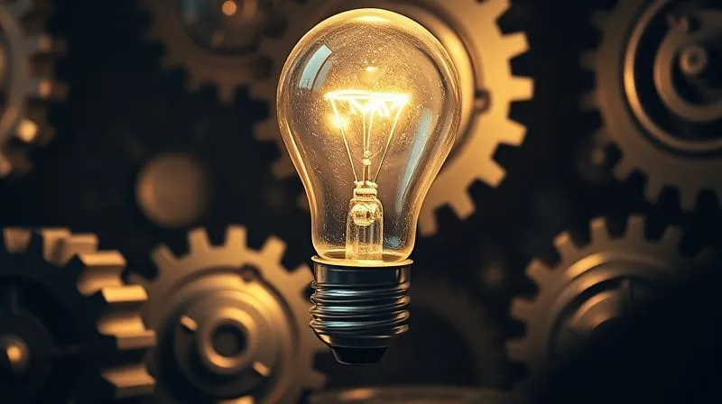 A photorealistic image of a lightbulb illuminating a complex business problem, surrounded by gears representing strategy and innovation, cinematic lighting casting long shadows, sharp focus on the lightbulb, depth of field blurring the background, 8K hyper-detailed, professional photography, shot on a high-end DSLR.