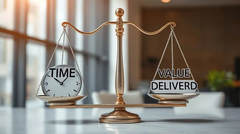 A photorealistic image of a balanced scale, with 'time' on one side and 'value delivered' on the other, the 'value' side significantly heavier, symbolizing the shift in pricing. The background is a modern office setting. Cinematic lighting, sharp focus, 8K hyper-detailed, professional photography, shot on a high-end DSLR.