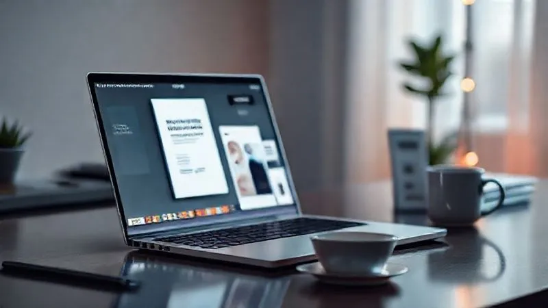 A photorealistic image of a sleek, modern laptop displaying various digital products like an eBook cover, an online course interface, and a template pack. There are subtle glows from the screen, reflecting on a minimalist desk with a coffee cup and a successful marketing graph. Cinematic lighting, sharp focus on the digital products, depth of field blurring the background, 8K hyper-detailed, professional photography. The mood is innovative and productive.