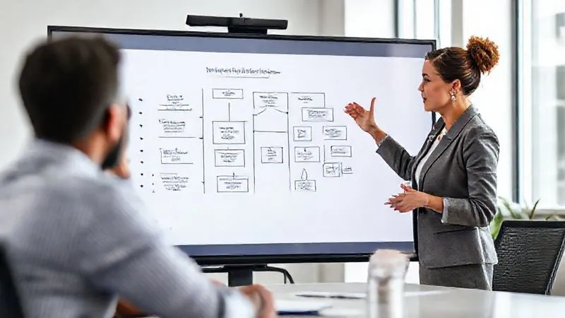 A photorealistic image of a professional woman, a marketing expert, leading a virtual mentoring session with a small group of diverse individuals on a large screen. She is articulate and confident, gesturing towards a digital whiteboard showing strategic frameworks. The setting is a modern, clean office space, with natural light. Cinematic lighting, sharp focus on the mentor and the screen, depth of field blurring the background, 8K hyper-detailed, professional photography. The mood is collaborative and educational.