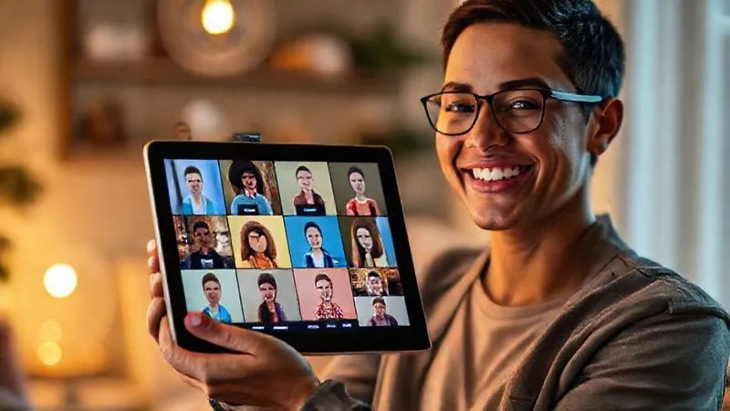 A photorealistic image of a vibrant online community interface, with diverse user avatars engaged in lively discussions, live video calls, and shared resources. The screen is on a tablet held by a person smiling, surrounded by a subtle, warm glow. Cinematic lighting, sharp focus on the screen and the person's happy expression, depth of field blurring a cozy, modern background, 8K hyper-detailed, professional photography. The mood is connected and collaborative.