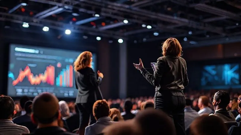 A photorealistic image of a dynamic marketing expert on stage, giving an engaging presentation to a large, attentive audience at a modern conference. The stage is well-lit with cinematic spotlights, and a large screen behind her displays a compelling data visualization. Her posture is confident and charismatic. Sharp focus on the speaker, depth of field blurring the audience, 8K hyper-detailed, professional photography. The mood is inspiring and authoritative.