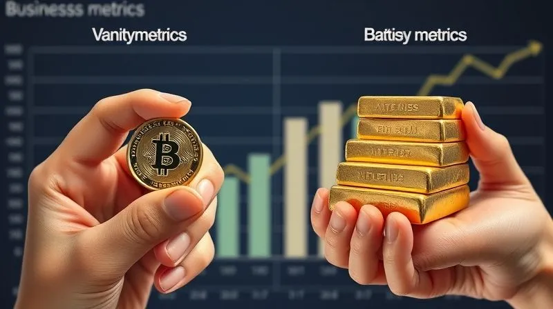 A photorealistic comparison chart, split down the middle. On one side, a hand is holding a single shiny coin (representing vanity metrics), looking unimpressed. On the other side, a hand holds a stack of gold bars (representing business metrics), looking satisfied. Cinematic lighting, sharp focus, 8K hyper-detailed.